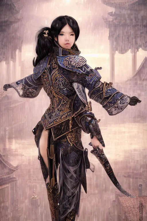 Image similar to portrait black hair young knights of Dynasty Warriors girl, matt white color reflected armor, in ruin chinese temple rooftop heavily rain sunrise, ssci-fi and fantasy, intricate and very beautiful and elegant, highly detailed, digital painting, soft light, artstation, concept art, smooth and sharp focus, illustration, art by tian zi and WLOP and alphonse mucha