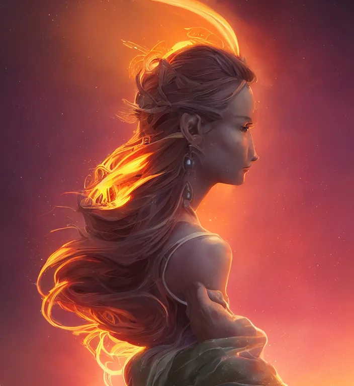 Image similar to centered waist up portrait photography an angel + glowing outlines, dissolve to energy particles of light + bokeh + strong DOF + 8k, photorealistic + composition by Peter Mohrbacher + line work by Dan Mumford , ultra realistic + backlit + strong rimlight, sunset + HDRI, HD, Photoreal