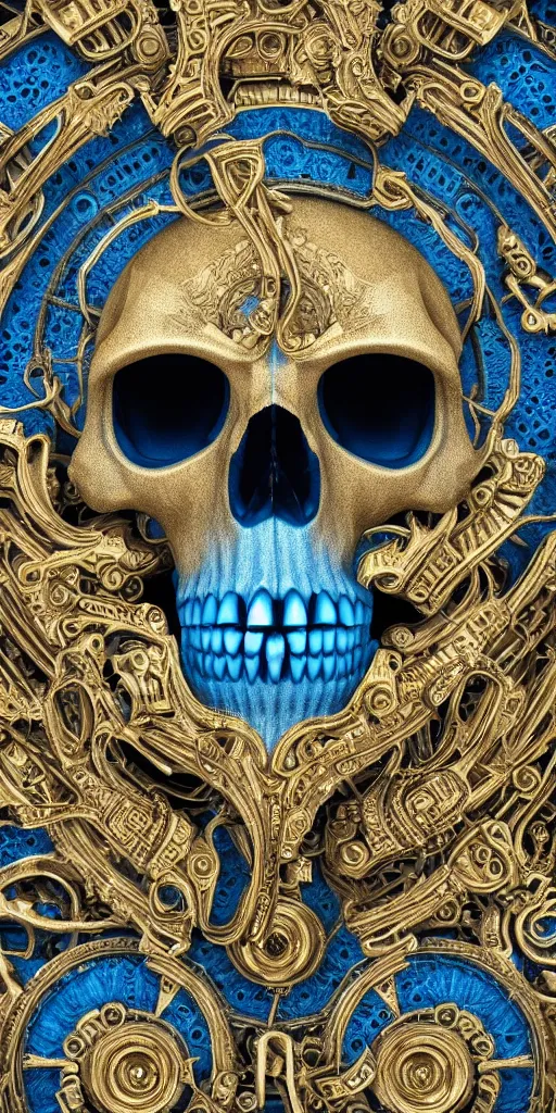 Image similar to 3d render ultra detailed of a skull, art deco, intricate gears details, hyperrealistic, ultra detailed, elegant, octane render, blue and gold, 8k, trending on Artstation, unreal engine