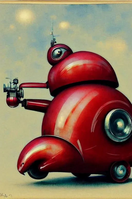 Image similar to ( ( ( ( ( 1 9 5 0 s retro future android robot fat robot snail wagon. muted colors., ) ) ) ) ) by jean - baptiste monge,!!!!!!!!!!!!!!!!!!!!!!!!! chrome red