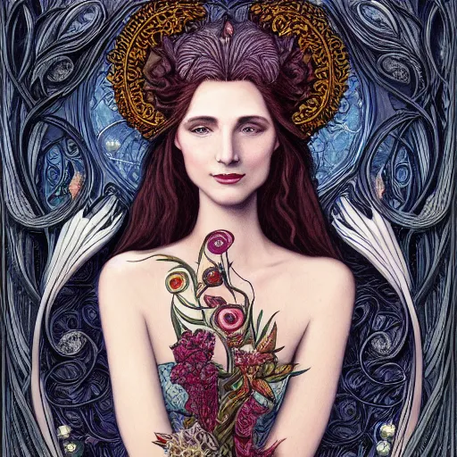 Prompt: facial portrait of a young pretty woman in flowing dress, arrogant, mysterious, long fine flowing hair, delicate, looking at camera, slightly awkward smile, realistic face, hands behind back, intricate, stylish, elegant, grimdark fantasy, flowers, art nouveau, extremely detailed painting inspired by Gerald Brom and Ernst Haeckel and Kaluta