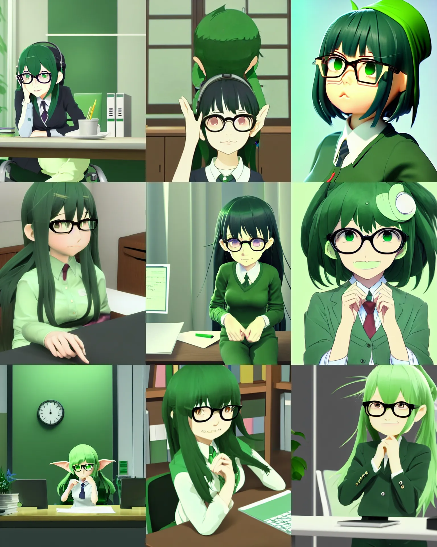 Prompt: beautiful office scene of a green shy chubby cute goblin wearing office clothes, she has a soft round face with glasses and long hair and large pointy goblin ears, her skin is green, by makoto shinkai and akihiko yoshida and hidari and sebastien begue