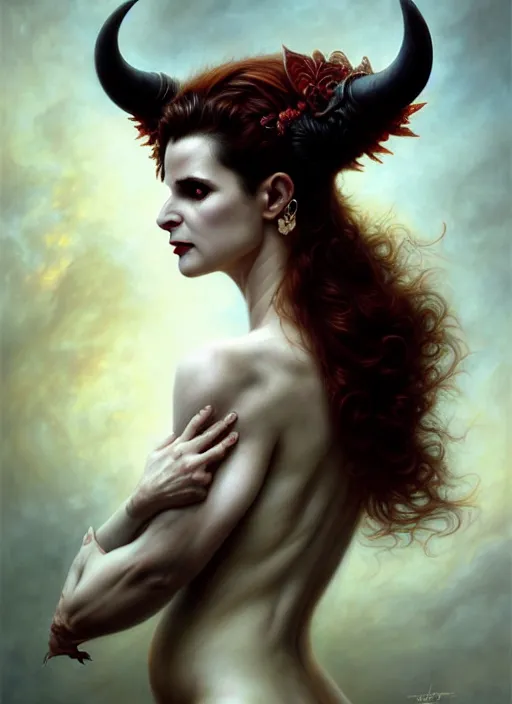 Image similar to julette binoche as an devil, aesthetic, fine art, intricate, elegant, highly detailed, realistic hair, centered, digital painting, art station, conceptual art, soft, sharp focus, illustration, artwork, artgerm, tomasz alen kopera, peter mohrbacher, donato giancola, wlop, boris vallejo