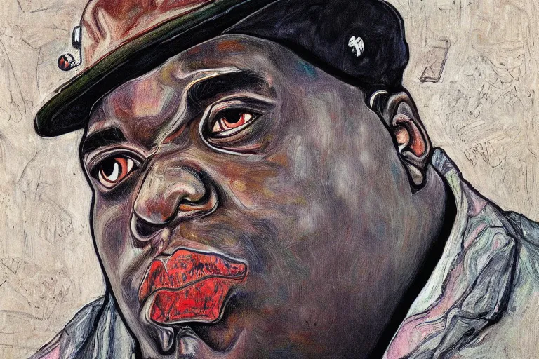 Image similar to a portrait of biggie smalls in style of egon schiele, masterpiece, hyperdetailed, complex, intricate, 4 k, trending on artstation