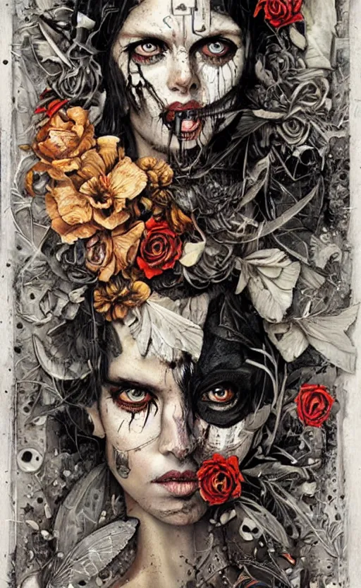 Image similar to a horror tarot card design with intricate details :: Sandra Chevrier and bastien lecouffe deharme