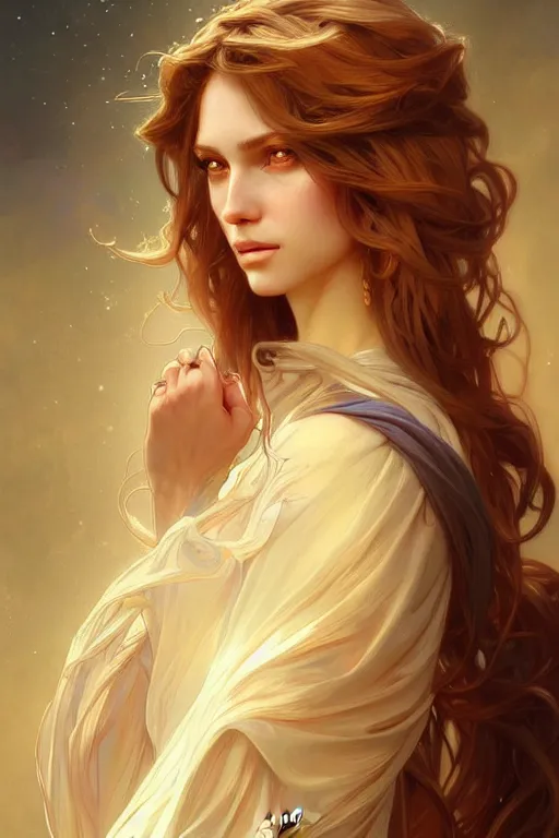 Image similar to Angel portrait, fantasy, amber eyes, face, long hair, intricate, elegant, highly detailed, digital painting, artstation, concept art, smooth, sharp focus, illustration, art by artgerm and greg rutkowski and alphonse mucha