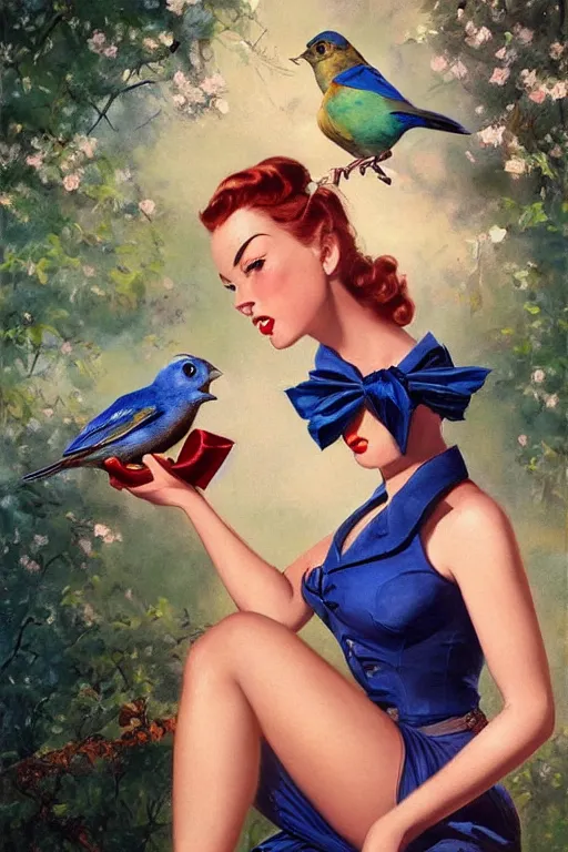 Image similar to hyper realistic painting, pinup girl holding an indigo bunting, bird, the bird is wearing a bowtie, by greg rutkowski, rossdraws, gil elvgren, enoch bolles, anime, porcelain skin, glistening, very coherent,