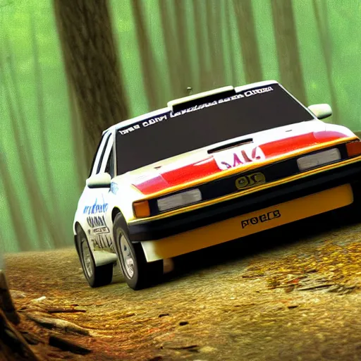 Image similar to 1990 rally racing through a forest, photorealistic, detailed, uhd,