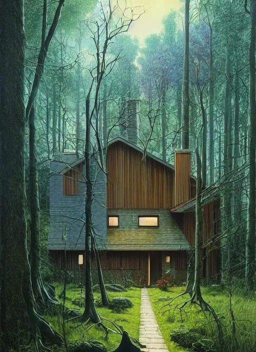 Image similar to hyper realistic witchy modern house with mood lighting and tech in the woods gorgeous lighting, sunbeams blue sky, highly detailed, lush forest foliage painting by zdzisław beksinski and norman rockwell and greg rutkowski weta studio, and lucasfilm