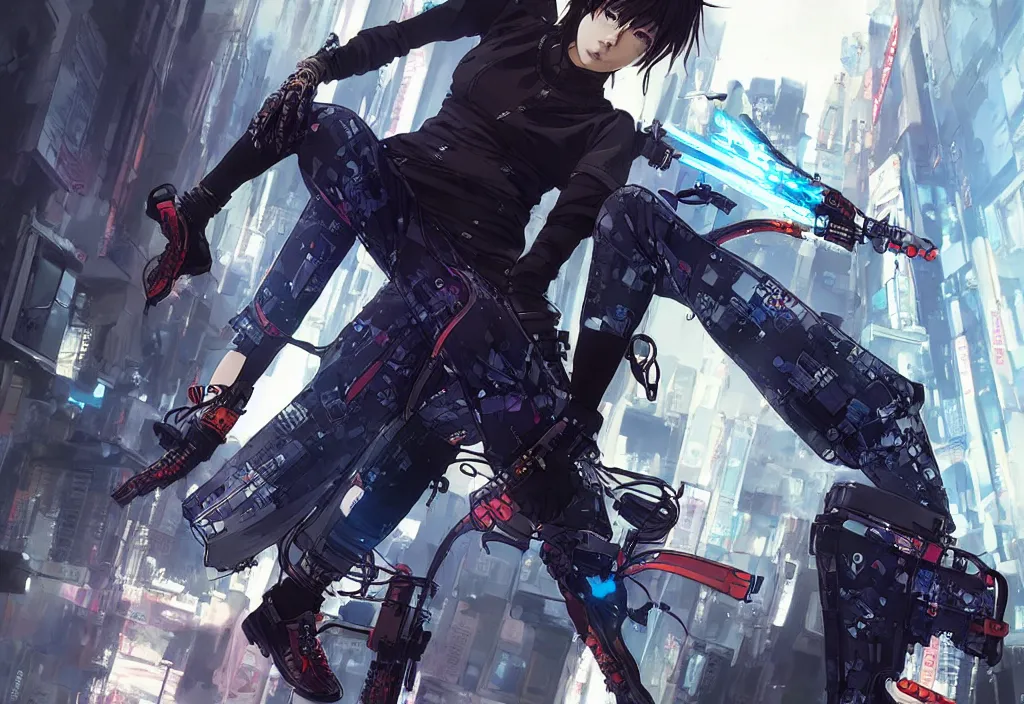 Image similar to hyper - realistic cyberpunk anime woman flip skateboard, sport, action tokyo street, extreme detail, good face, model, concept art, in style of yoji shinkawa, pan ren wei, col price, atey ghailan, by greg rutkowski, aesthetic