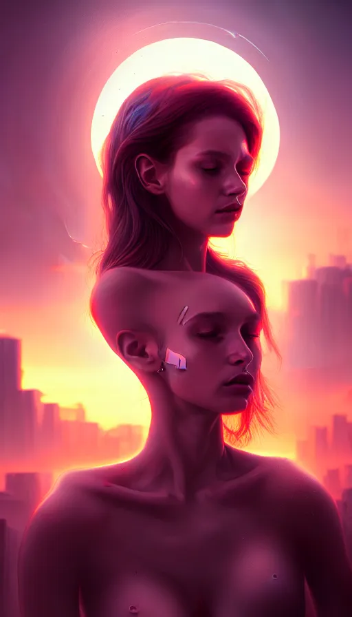 Image similar to a sad portrait of an angel buried alive in a abandoned futuristic city covered by vegeration, sunset, bright light, hyperdetailed, artstation, cgsociety, 8 k