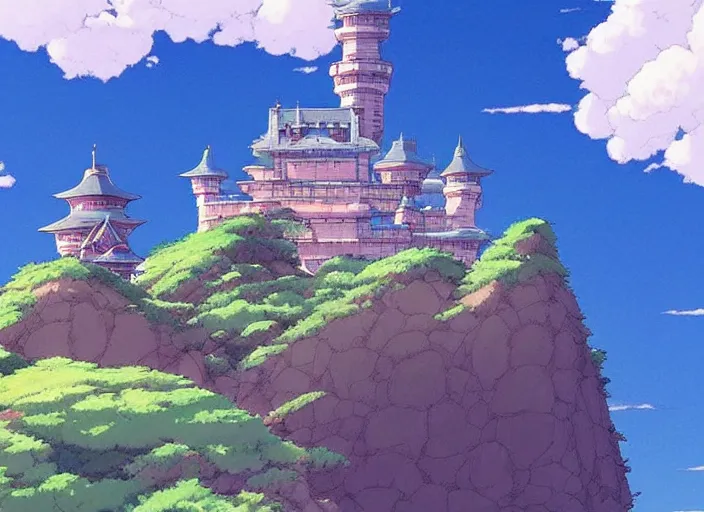 Image similar to A castle built into the sky from spirited away, wide shot, peaceful and serene, incredible perspective, anime scenery by Makoto Shinkai and studio ghibli, very detailed