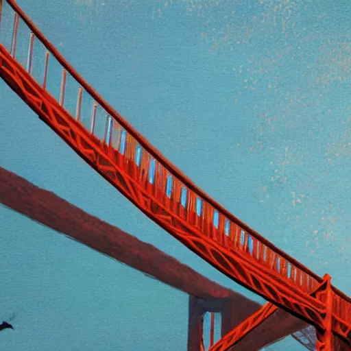 Image similar to the golden gate bridge made of fried eggs by greg rutkowski and frank lloyd wright