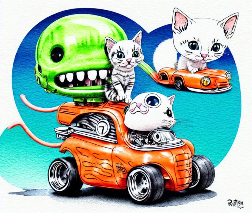 Image similar to cute and funny, kitten wearing a helmet riding in a tiny hot rod with oversized engine, ratfink style by ed roth, centered award winning watercolor pen illustration, isometric illustration by chihiro iwasaki, edited by range murata, tiny details by artgerm and watercolor girl, symmetrically isometrically centered