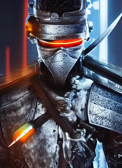 Image similar to ultra realistic and intricate detailed photograph of a cyborg samurai, ninja, katana, war background, neon, cyberpunk, technology, innovation, bright modern style, artstation, unreal render, depth of field, ambient lighting, award winning, stunning