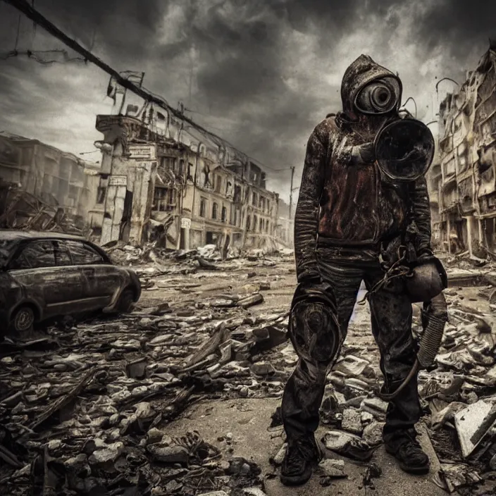 Image similar to gritty hooded apocalyptic man in gas mask standing in street of destroyed city, hyper - detailed, smooth, sharp focus, 4 k ultra hd, fantasy dark art, apocalyptic art