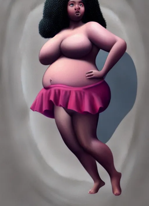 Image similar to full body portrait, teenage vanessa morgan, pink hair, dark skin, obese, curly pixie hair, sultry, realistic, short hair, hoop earrings, skirt, shirt, fat, belly, intricate, elegant, highly detailed, digital painting, artstation, concept art, smooth, sharp focus, illustration, art by wlop, mars ravelo and greg rutkowski