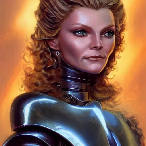 Prompt: stunningly beautiful paladin in copper plate armor who looks like young michelle pfeiffer, moonlight in the background by boris vallejo and julie bell, soft lighting, HD, elegant, intricate, masterpiece, concept art, character design