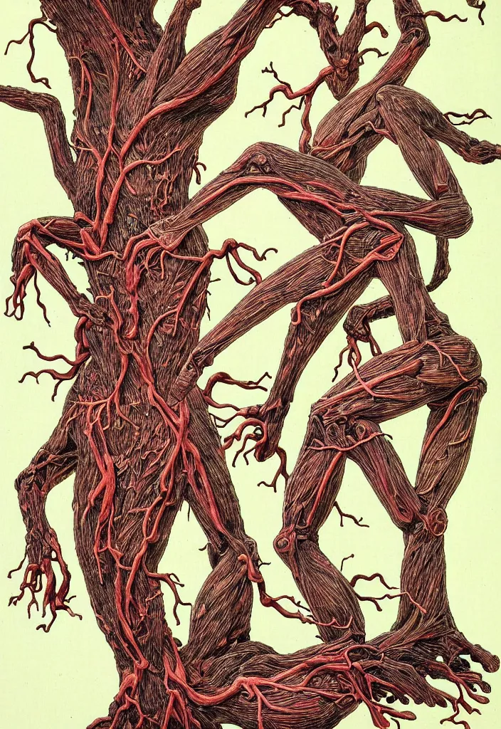 Image similar to prompt: anatomy dissection drawing veins and organs human shaped tree character drawn by Takato Yamamoto, bonsai anatomy atlas, veins and organs attached to tree roots, alchemical objects inspired by 1980's sci-ci, old experimentation cabinet, intricate oil painting detail, manga 1980