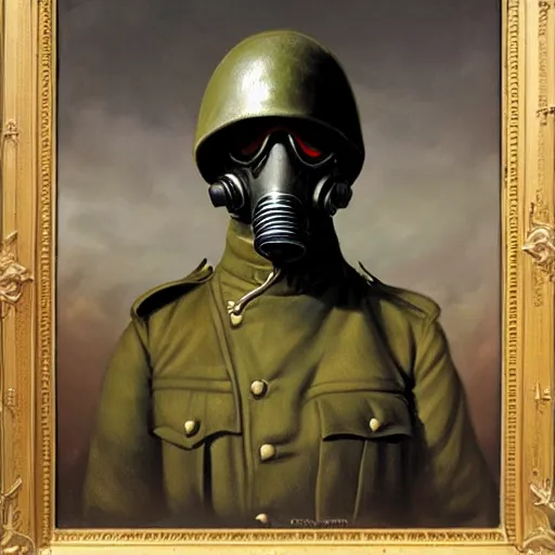 Image similar to a portrait painting of a world war 1 british soldier wearing gasmask, detailed, in the style of greg rutkowski