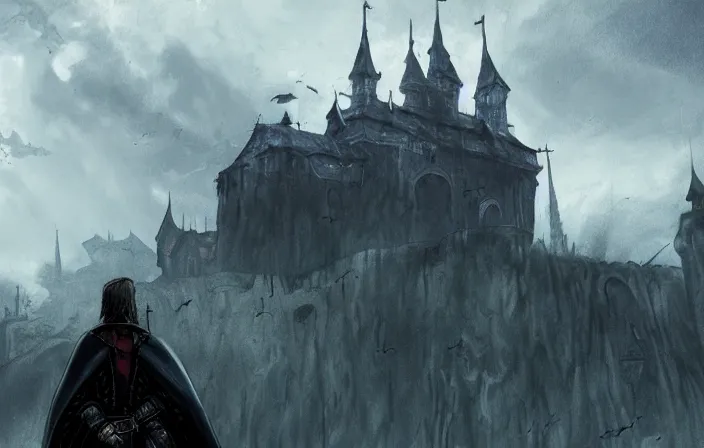 Image similar to trevor belmont approaching dracula's castle, castlevania, cinematic concept art, 4K HD, beautiful painting, dramatic