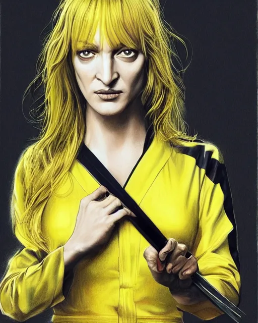 Image similar to drawing of a beautiful uma thurman in kill bill, wearing a yellow jumpsuit with a black stripe, swinging katana, beautiful confident and piercing eyes, beautiful blonde hair, hyper realistic face, with autumn leafs, in the style of greg rutkowski, amazing detail, epic, elegant, smooth, sharp focus, from the front