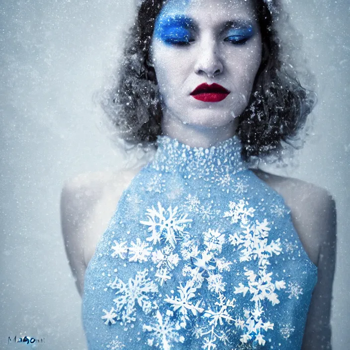 Prompt: a woman wearing a highneck dress made out of snowflakes. she is sickly looking and dying of hypothermia. pale blue lips. full body digital portrait by maromi sagi