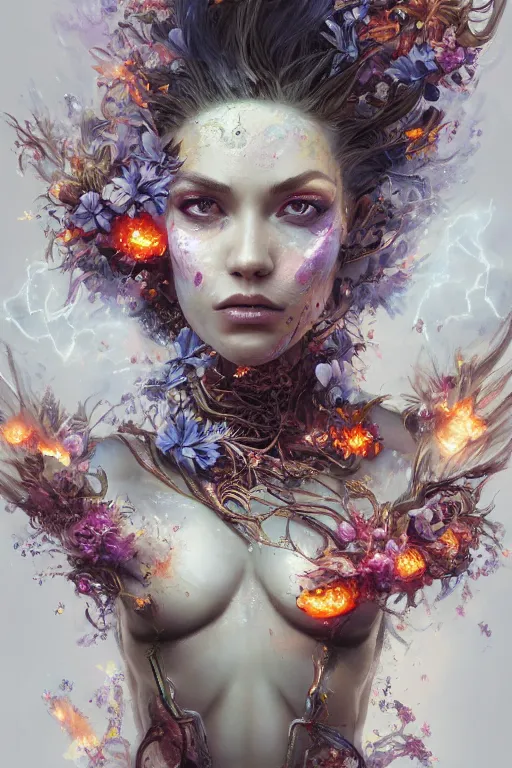 Prompt: torso closeup model wearing exploding flowers fire dress, sorcerer, diamonds, angel, fantasy, dramatic lighting, highly detailed, digital painting, holding electricity, magic the gathering, hyper detailed, 3 d render, hyper realistic detailed portrait, peter mohrbacher, wlop, ruan jia