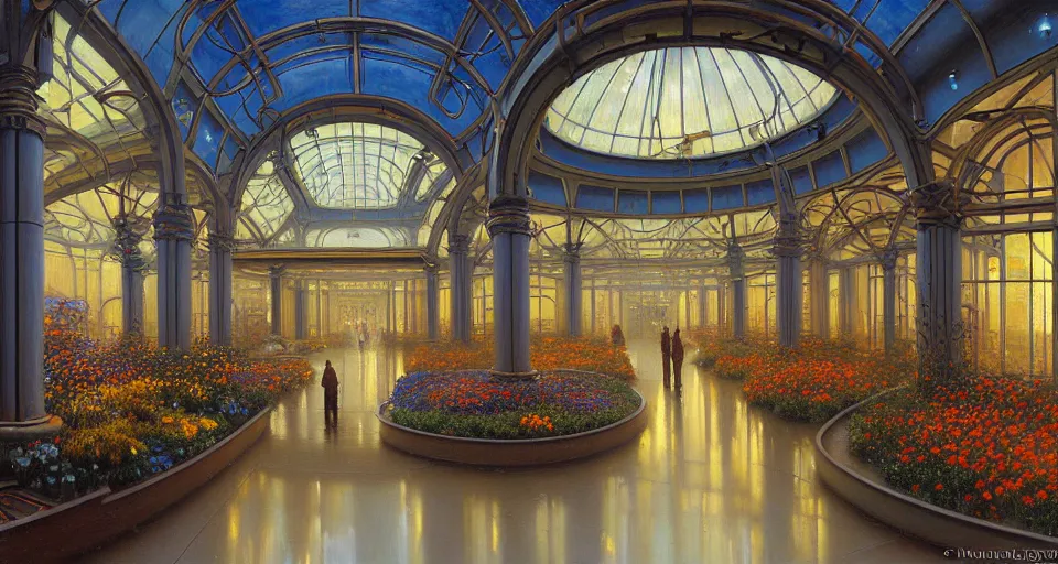 Prompt: a minimalist oil painting by donato giancola and james gurney vaulted ceilings, warm coloured, cinematic scifi luxurious futuristic foggy steam filled garden circular shopping mall interior with microscopy giant windows flowers growing out of pretty bulbous ceramic fountains, gigantic pillars and flowers, maschinen krieger, beeple, star trek, star wars