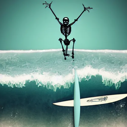 Prompt: photorealistic skeleton hanging ten on a surfboard over a wave