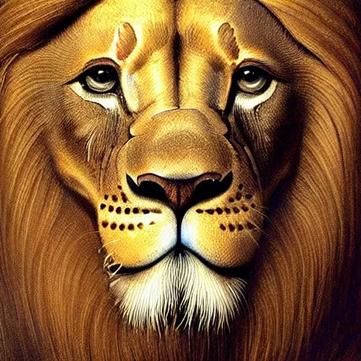 Prompt: Intricate five star Lion facial portrait by Leonardo da vinci , oil on canvas, photo realistic, hyperrealism high detail, matte finish, high contrast, 3d depth, masterpiece, vivid colors, artstationhd