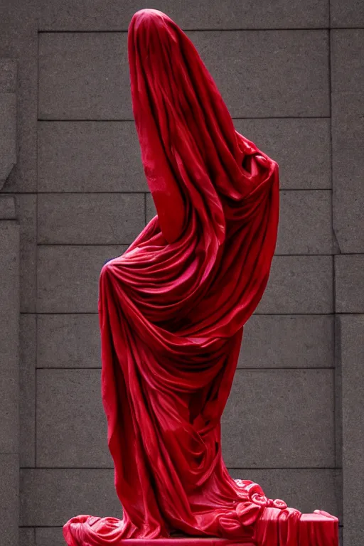 Image similar to the unknown maiden hiding his face under a red silk veil, statue made with embossed polished dark marble, sculpted by hedi xandt and bernini, epic and cinematic view, volummetric light, intricate, detailed, 8 k