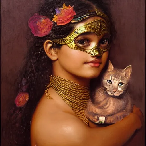 Image similar to detailed potrait 8 0 s srilankan girl with tatoos and cat woman mask in baroque painting, girl graceful,, painting by gaston bussiere, craig mullins, j. c. leyendecker, lights, art by ernst haeckel, john william godward, hammershøi,,