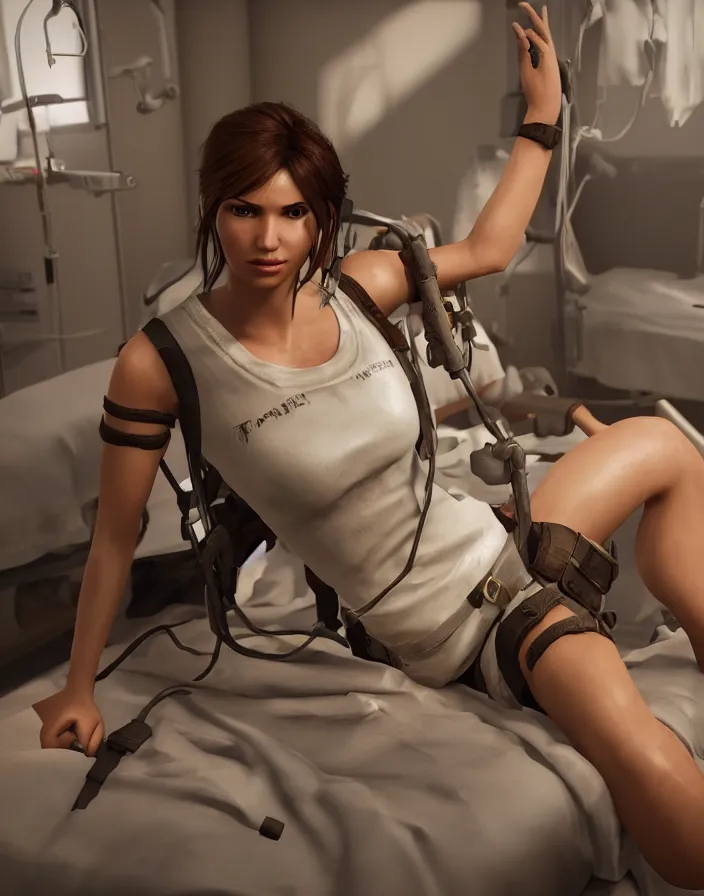 Image similar to lara croft, wearing a nurse outfit, resting on a hospital bed, real photo, hospital interior, intricate, soft lighting, cinematic composition, hyper realistic, 8k resolution, unreal engine 5