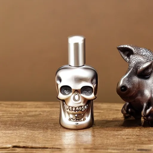 Prompt: boar shaped perfume bottle with a skull