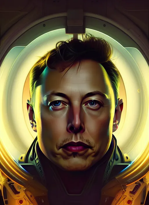 Image similar to symmetry!! portrait of elon musk, chemisty, sci - fi, glowing lights!! intricate, elegant, highly detailed, digital painting, artstation, concept art, smooth, sharp focus, illustration, art by artgerm and greg rutkowski and alphonse mucha, 8 k