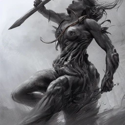 Image similar to portait of a very muscled emma watson swinging her long sword forest monster, front game card, drark, marvel comics, dark, intricate, highly detailed, smooth, artstation, digital illustration by ruan jia and mandy jurgens and artgerm and wayne barlowe and greg rutkowski and zdislav beksinski