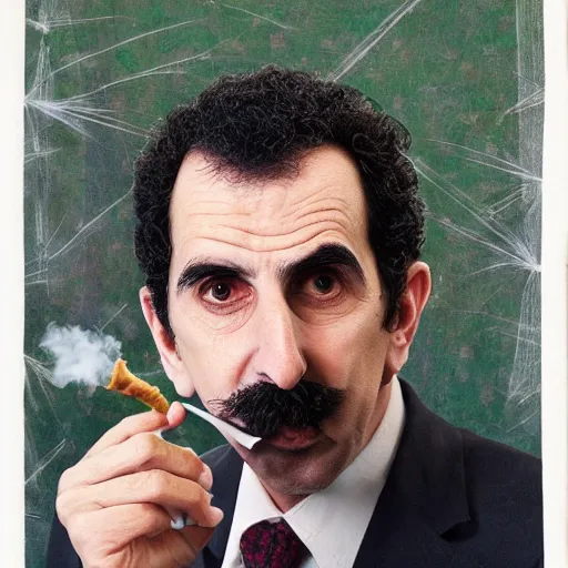 Image similar to A portrait of borat sagdiyev smoking a rolled marijuana joint, 8k, hyper-detailed