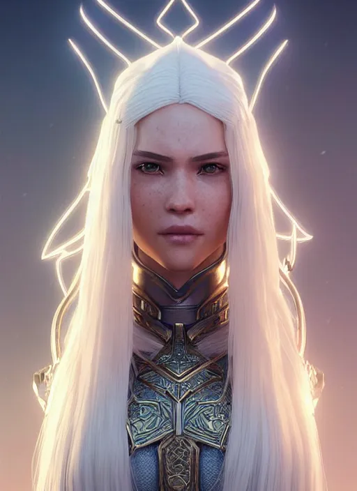 Image similar to light opal armor!!! long wild white hair!! covered chest!!! fantasy, d & d, intricate ornate details, symmetry, concept art, sharp focus, illustration, art by artgerm! greg rutkowski magali villeneuve wlop! ilya kuvshinov!!, octane render, unreal engine 5, highly rendered!!