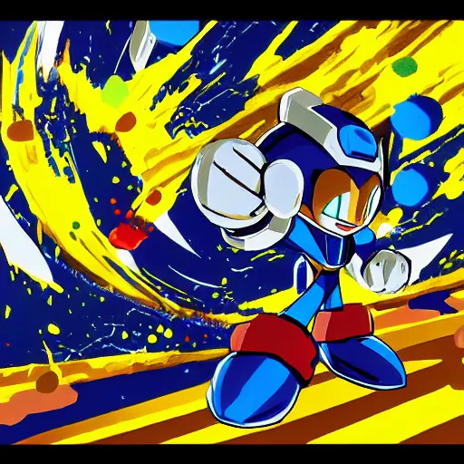 Image similar to Megaman X firing a yellow bubble at Sonic the Hedgehog, Splatter Paint style, Painted By Akihiko Yoshida