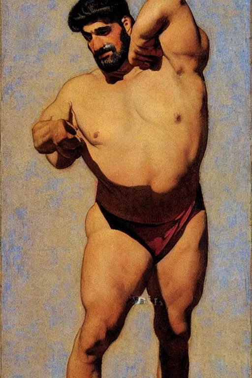 Prompt: persian wrestler man in golden leotard, by j. c. leyendecker