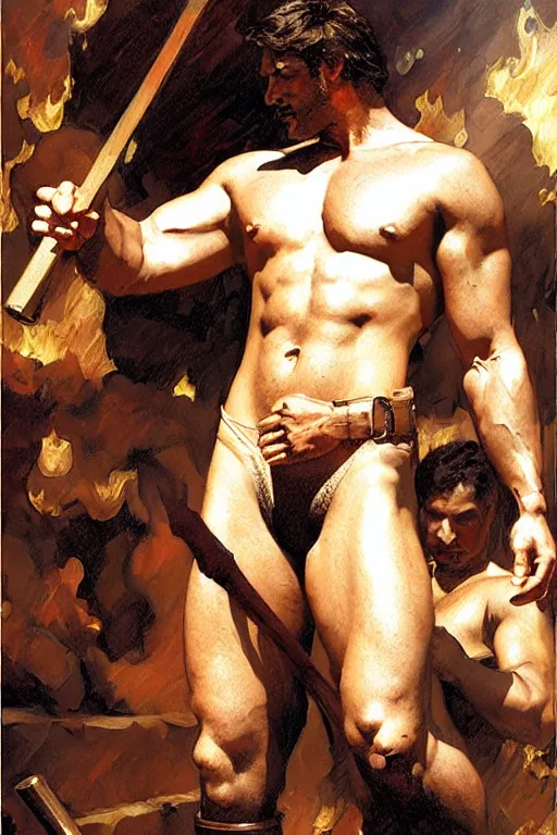 Image similar to muscular hephaestus working at his forge painting by gaston bussiere, craig mullins, j. c. leyendecker, tom of finland