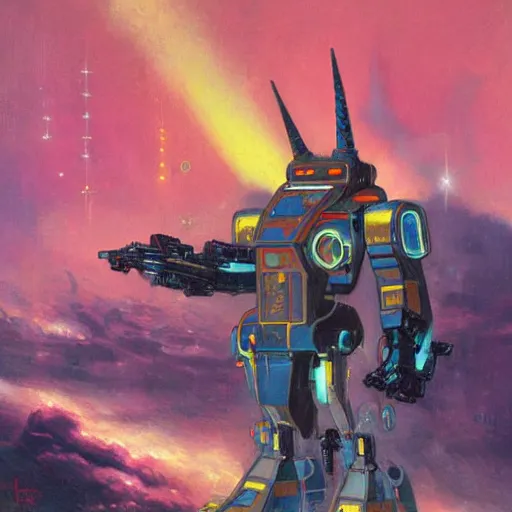 Image similar to a large anthropomorphic unicorn shaped mecha by paul lehr and moebius