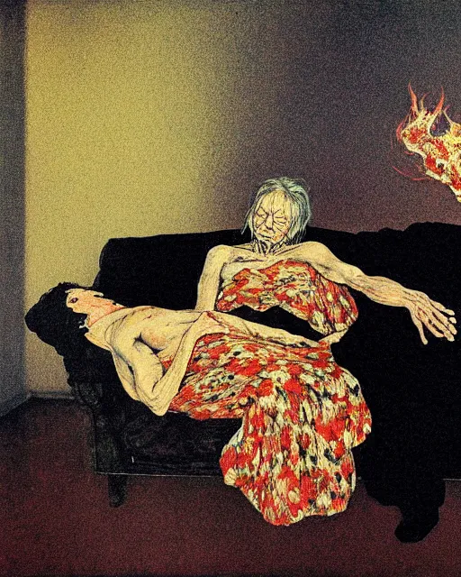 Image similar to an old dead couple sitting on an old couch in an old apartment watching a dog engulfed in flames,  Francisco Goya painting, part by Beksiński and EdvardMunch. art by Takato Yamamoto, Francis Bacon masterpiece