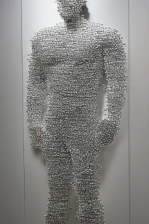 Prompt: A muscular man made entirely of paper clips, full body, museum exhibit.