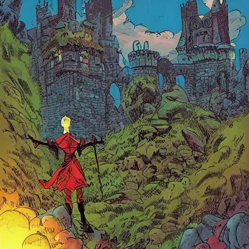 Prompt: beautiful landscape of fantasy scifi with a knight looking at the castle, surrealism and comic book artstyle by james harren