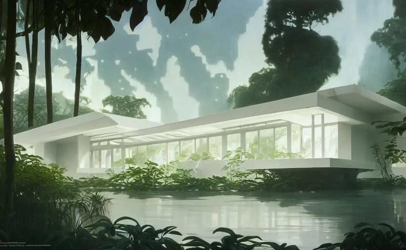 Image similar to painting of a wide angle exterior shot of a white modern architecture in the middle of a tropical forest with cinematic lighting by frank lloyd wright and renzo piano, darek zabrocki and greg ruthkowski, alphonse mucha, simon stalenhag and cinematic and blue cold atmospheric, archillect concept art, artstation, trending on artstation