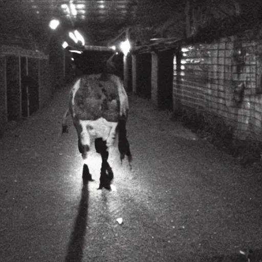 Image similar to creepy cow at night, creepy cctv footage, disturbing horror photo