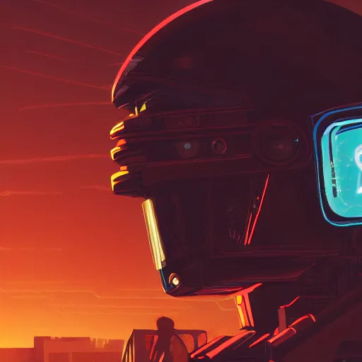 Prompt: in the style of max prentis and deathburger and laurie greasley a close up of a young explorer wearing a cyberpunk headpiece sitting on the head of a giant robot watching the sunset in the distance, highly detailed, 8k wallpaper