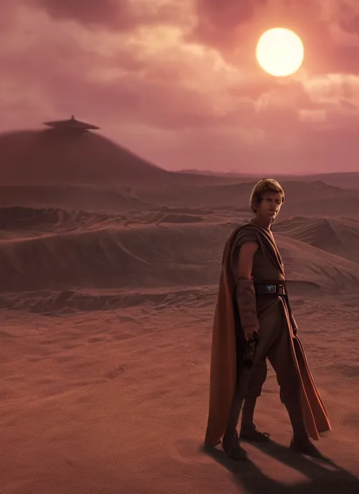 Prompt: young luke skywalker in a heroic action pose against a tatooine sunset, close up, dramatic lighting, octane render, digital art